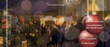 Plakat für den St. Andrä Weihnachtsmarkt, 19.-21. Dezember 2025. Zeigt eine Menschenmenge, die an Weihnachtsbäumen vorbeigeht, mit Live-Musik und Aktivitäten für Kinder.