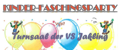 Plakat für eine Kinderfaschingsparty. Es zeigt bunte Luftballons, Clowns und einen DJ auf der Bühne. Die Veranstaltung ist für Samstag, 7. Februar 2026, um 14 Uhr geplant.