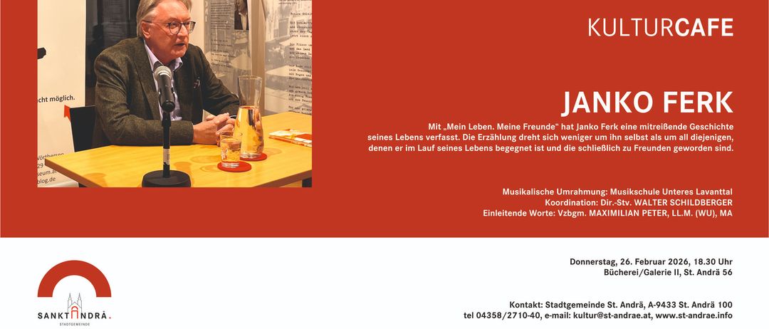 Eine Person sitzt an einem Tisch mit Wassergläsern und hält ein Buch. Der Text lautet 'Mein Leben. Meine Freunde' und musikalische Koordinaten. Kontaktdaten sind aufgeführt.