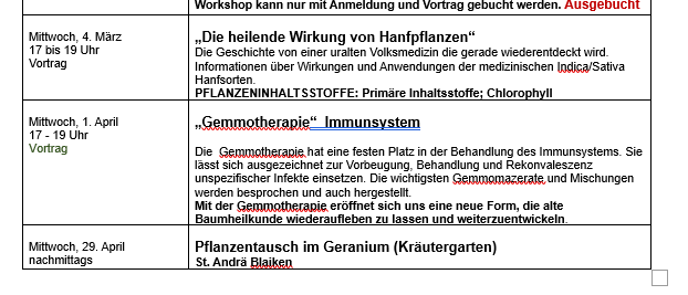 Das Dokument ist ein Zeitplan für Veranstaltungen im Jahr 2026, die von Mathilde Friesacher, einer diplomierten Kräuterexpertin, veranstaltet werden. Die Veranstaltungen umfassen Workshops über Kräutermedizin und den Gebrauch von Cannabis, mit spezifischen Daten und Zeiten. Der Veranstaltungsort ist das Gemeindehaus in St. Andrä.