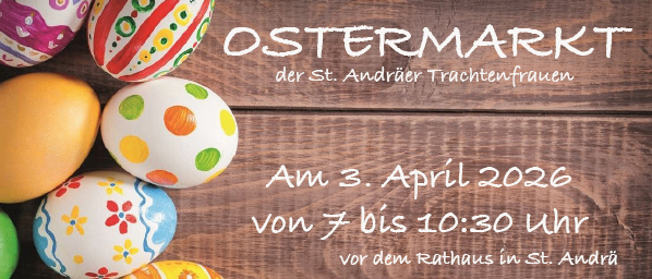Plakat für den Ostermarkt der St. Andreas-Damenvereinigung. Datum: 3. April 2026, von 7 bis 10:30 Uhr. Ort: vor dem Rathaus in St. Andrew. Bietet selbstgemachte Osterdekorationen und Leckereien für das Osterfest.