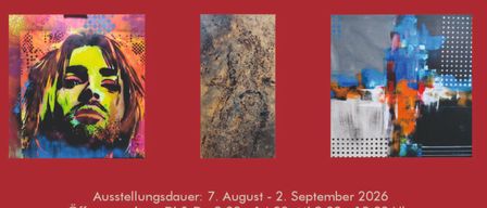 Plakat für eine Kunstausstellung mit Werken von Christian Jaritz, Manfred Fabi und Werner Steinhauser. Die Veranstaltung beginnt am 6. August 2026 um 18:30 Uhr in Galerie II, 9433 St. Andrä 56. Die Ausstellung läuft vom 7. August bis 2. September 2026.