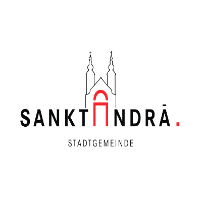 Das Logo für Sankt Indra, eine Stadtgemeinschaft, zeigt eine kirchenähnliche Struktur mit zwei Türmen und einem roten Bogen. Der Name ist in einer fetten, stilisierten Schrift geschrieben.