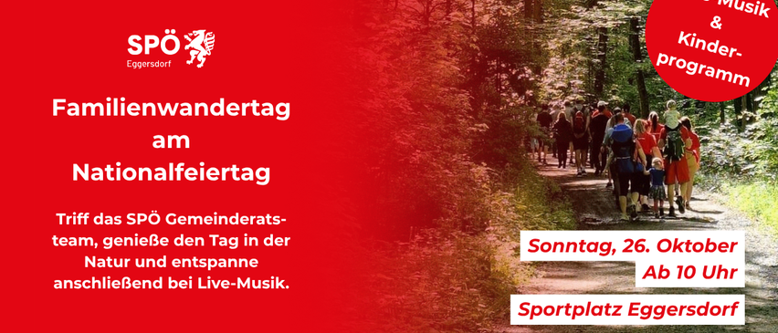 Ein rotes Plakat bewirbt eine Wanderung am Feiertag, lädt ein, den Tag in der Gemeinderatsgemeinde zu verbringen und sich zu entspannen, mit Live-Musik auf dem Sportplatz.