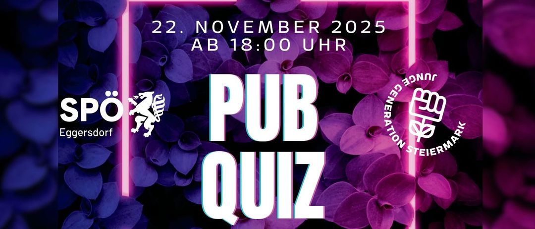 Plakat für eine Pub-Quiz-Veranstaltung am 22. November 2025, Beginn um 18:00 Uhr. Das Plakat hat einen lila Blumenhintergrund und fetten weißen Text.