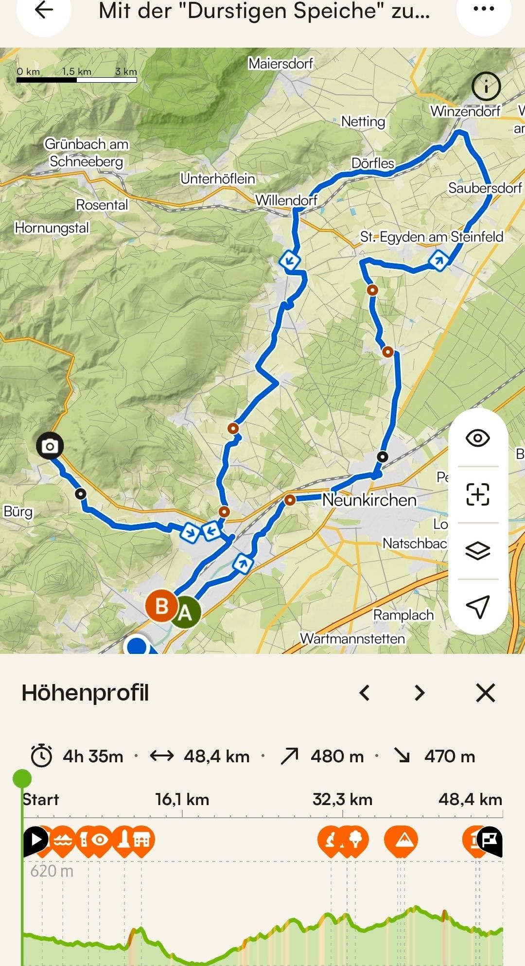 A map showing a route from Burg to Neunkirchen with various points of interest and elevation profile.