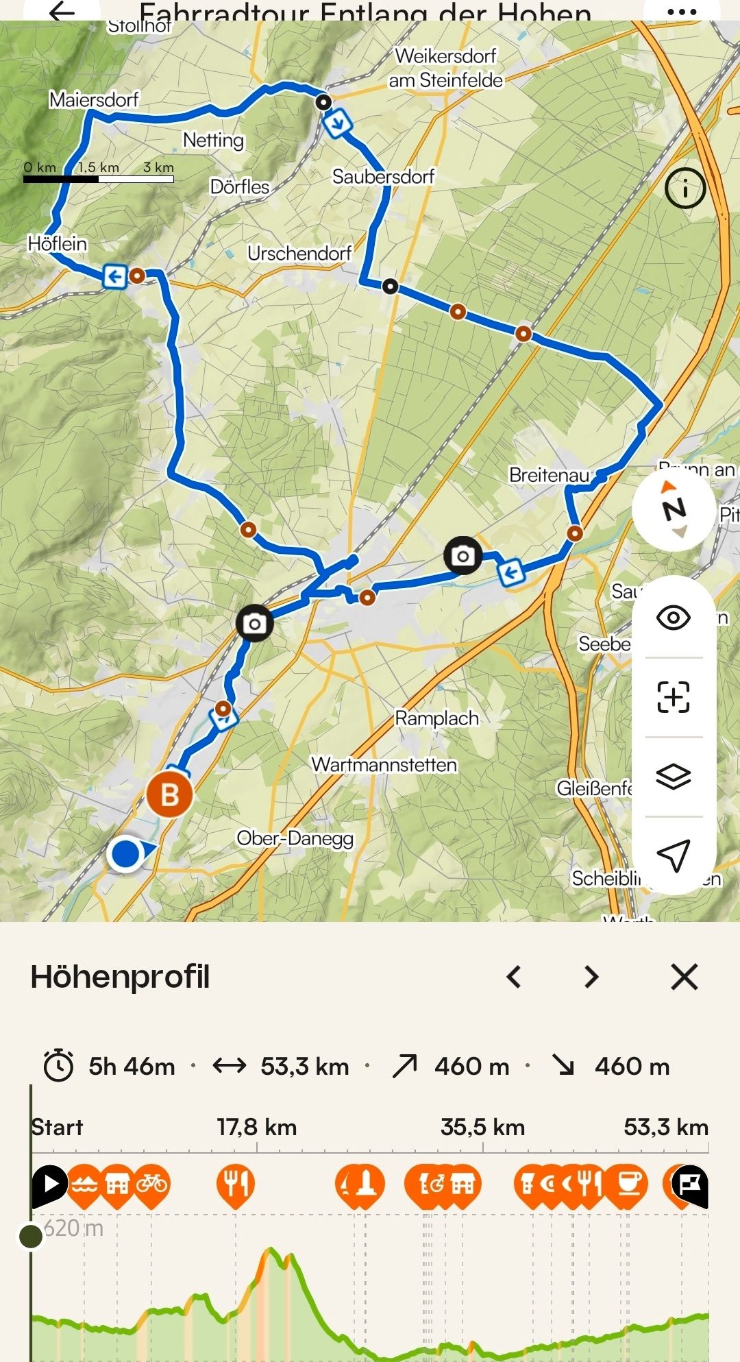 Eine Karte, die eine Route mit verschiedenen Sehenswürdigkeiten zeigt, einschließlich Breitenau, Seebe, Wartmannstetten und Ober-Danegg. Die Route ist mit einer blauen Linie markiert, und es gibt Symbole für eine Kamera, einen Kompass und eine Zoomfunktion.