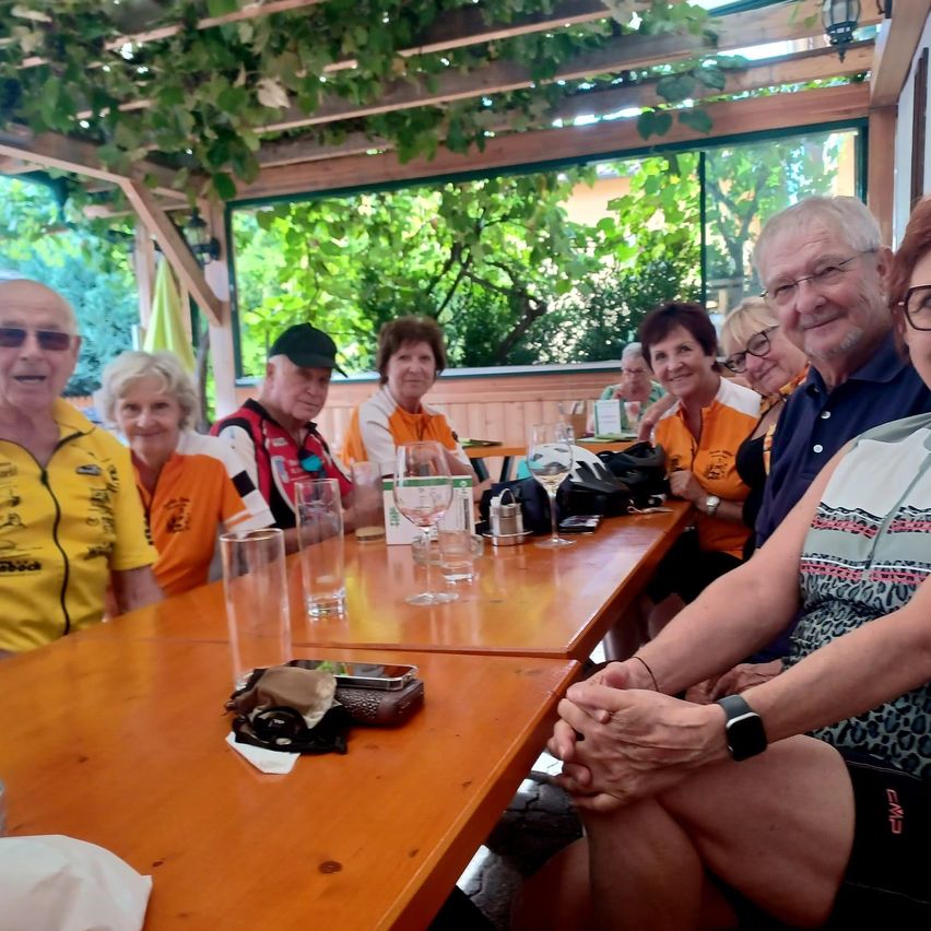 Eine Gruppe älterer Menschen in orangefarbenen Shirts sitzt an einem Tisch in einem Restaurant. Sie lächeln und posieren für ein Foto. Der Tisch ist mit Weingläsern, einer Handtasche und einem Handy besetzt. Das Restaurant hat Holzwände und Glasfenster mit Bäumen draußen.