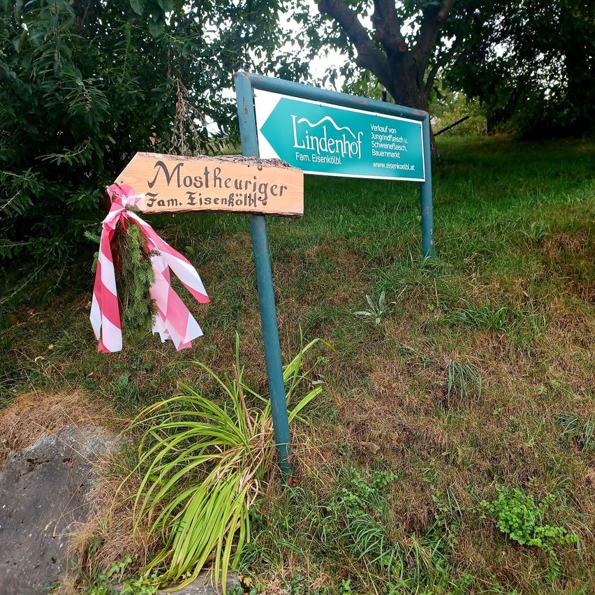 Ein hölzernes Schild mit der Aufschrift 'Mostheuriger Fam. Eisenkölbl' ist mit einem Band verziert und auf dem Rasen platziert. Dahinter befindet sich ein grünes Schild mit der Aufschrift 'Lindenhof' und weiteren Informationen.