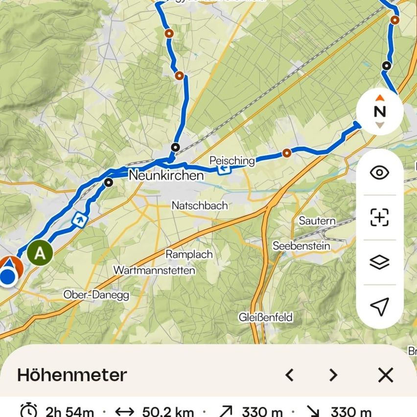Wanderkarte mit markierter Route von Neunkirchen über Peisching nach Seebenstein in Niederösterreich.