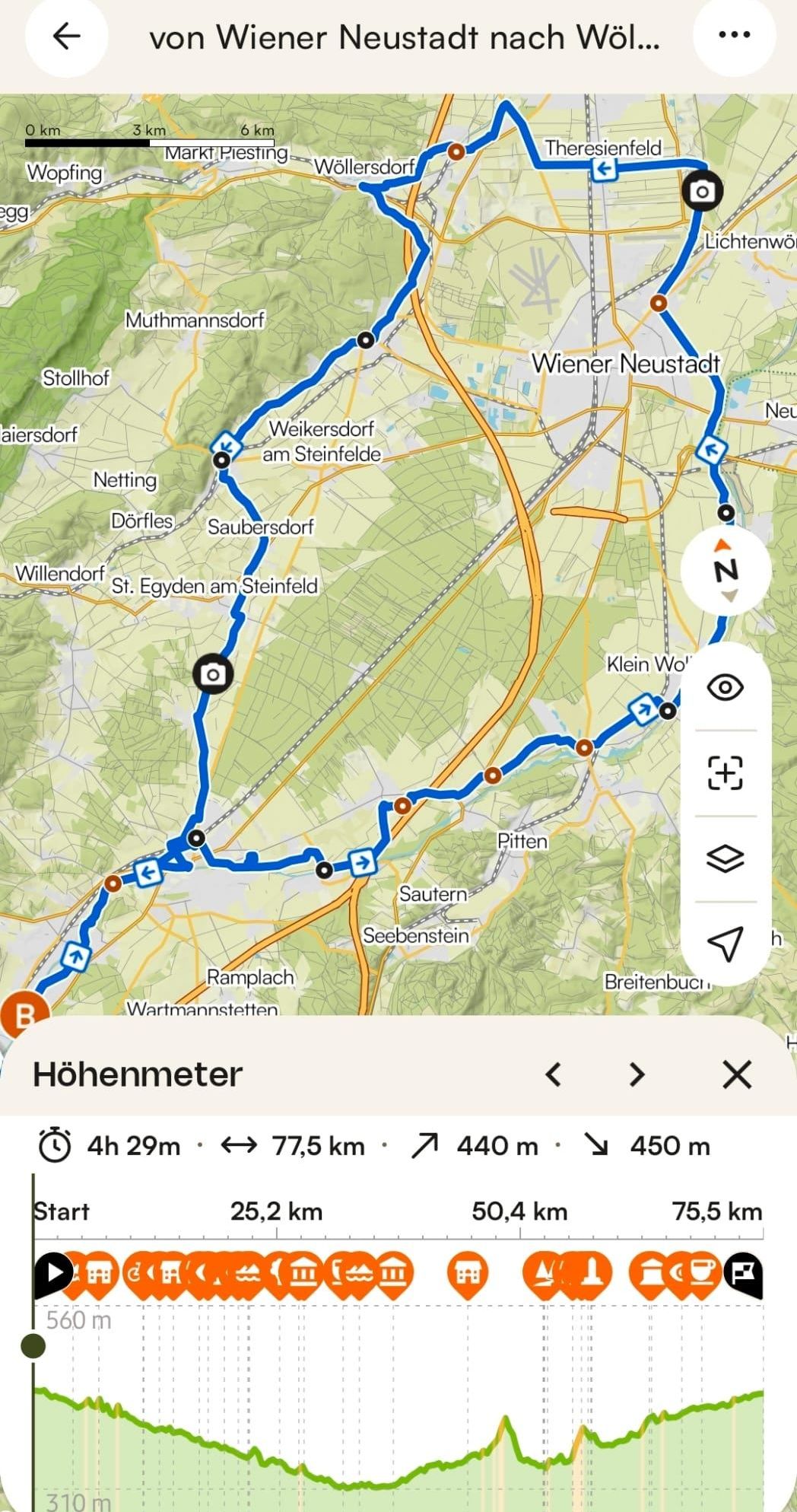 Eine Karte, die eine Route von St. Eyden am Steinfeld nach Breitenbuch mit verschiedenen Wegpunkten und einem Höhenmeter zeigt. Die Route ist in Blau markiert, und die Karte enthält grüne Bereiche, Straßen und Ortsnamen.