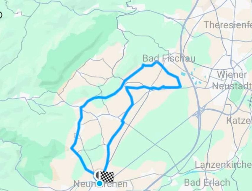 Eine Karte, die eine Route von Neunkirchen nach Bad Fischau mit einem hervorgehobenen Startpunkt zeigt.