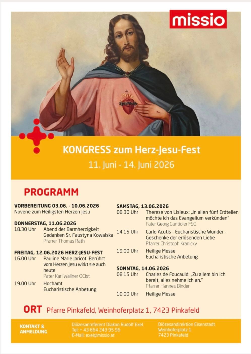 Poster für das Herz-Jesu-Fest. Ein Bild von Jesus Christus mit einem Herzen auf der Brust. Veranstaltungsdetails beinhalten Daten, Zeiten und Redner.