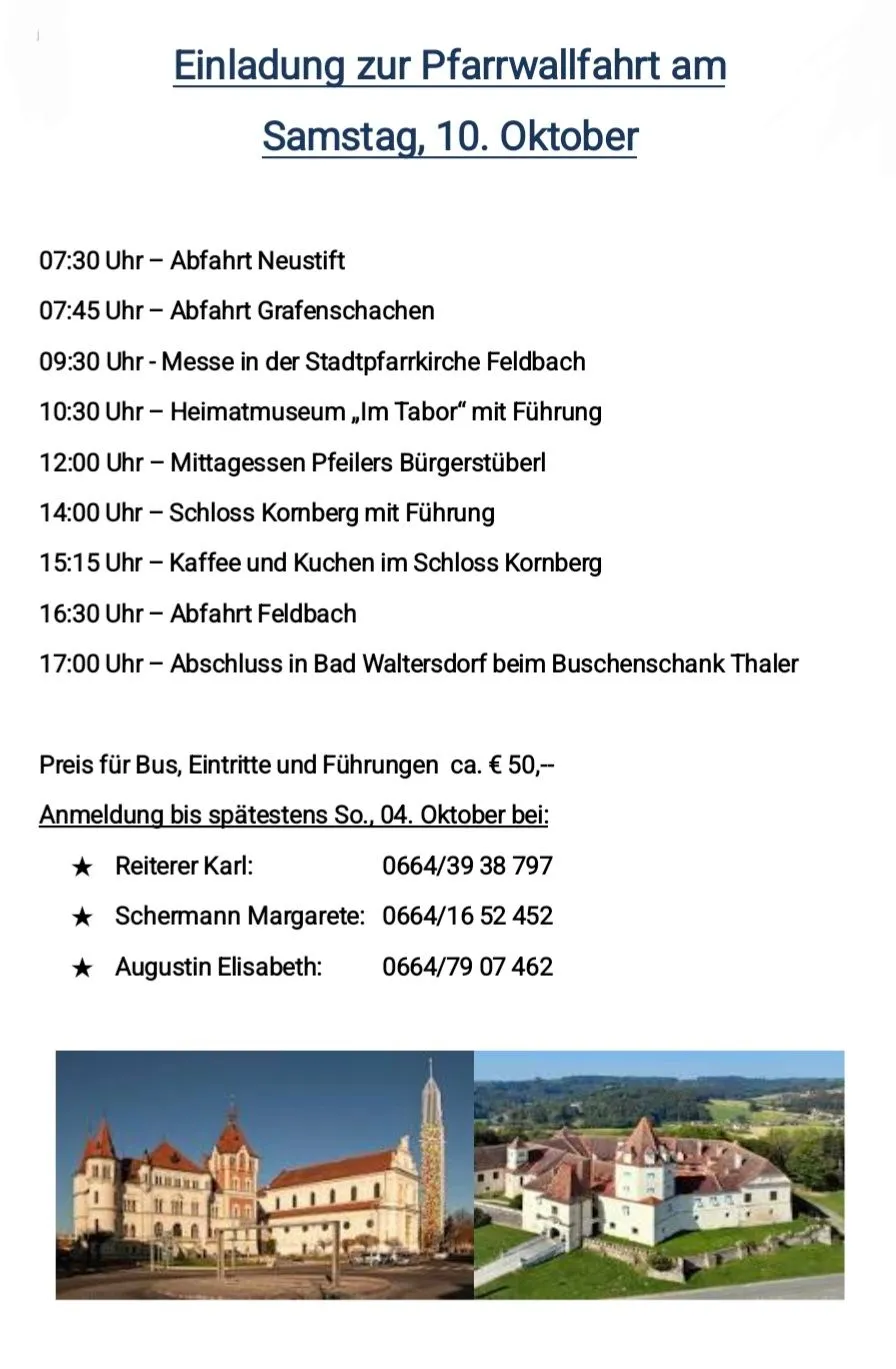 Ein Zeitplan mit deutschen Veranstaltungen, einschließlich Abfahrtzeiten und Orten, mit einem malerischen Bild einer Stadt.