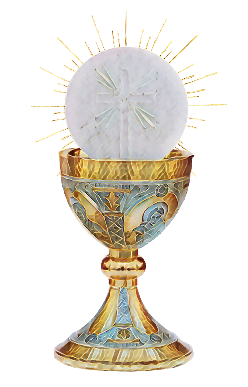 Ein goldener Kelch mit einem kreuzförmigen Design auf einer weißen Hostie, beleuchtet von einem goldenen Sonnenstrahl.