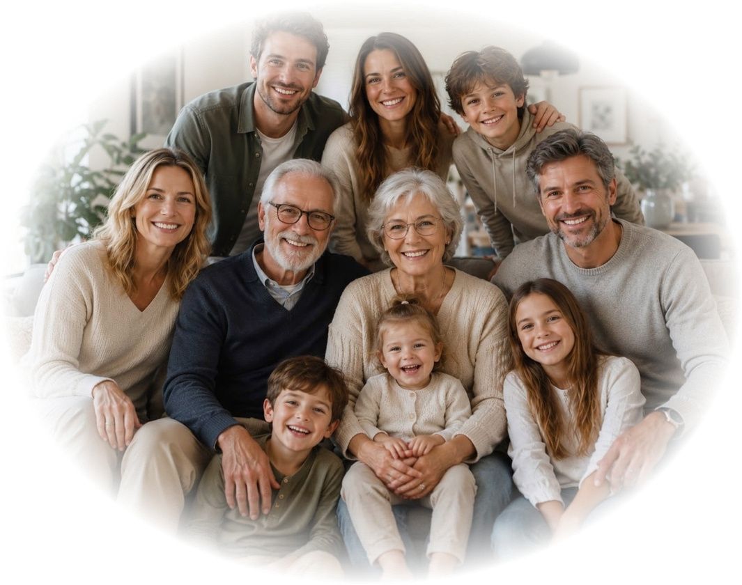 Eine Familie mit acht Personen, einschließlich Großeltern, Eltern und Kindern, posiert für ein Foto mit warmen Lächeln. Der Hintergrund ist verwischt.