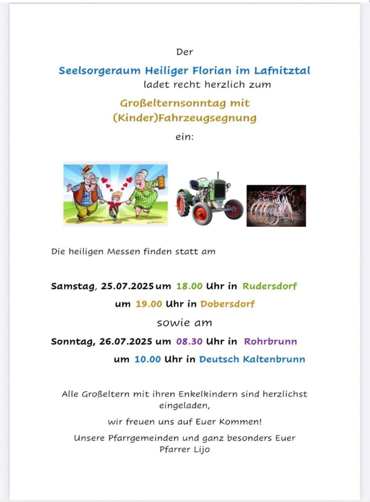 Plakat für eine Familienveranstaltung im Seelsorgeraum Heiliger Florian in Lafnitztal. Es zeigt eine Karikatur eines älteren Paares mit einem Kind, einem Traktor und Fahrrädern. Die Veranstaltung findet am Samstag, 25.07.2025, mit Zeiten und Orten statt.
