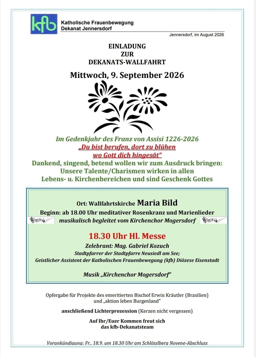 A flyer for a religious event at Maria Bild Church on September 9, 2026, featuring a floral design and text in German. The event includes a meditative rosary, songs, and a Holy Mass.