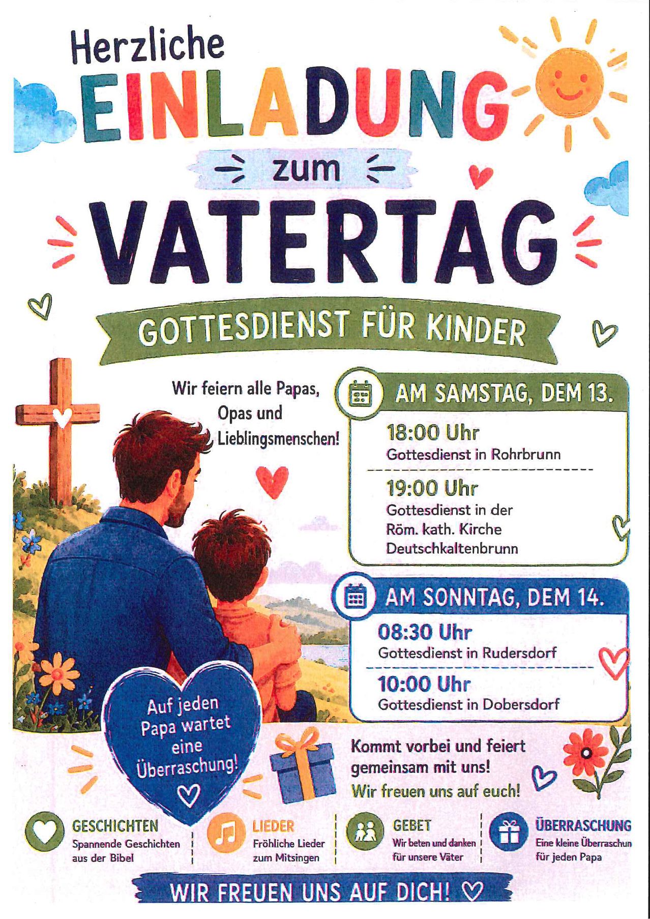 Flyer for Father's Day. Service for children on Saturday at 18:00 and 19:00. Sunday service at 08:30 and 10:00.
