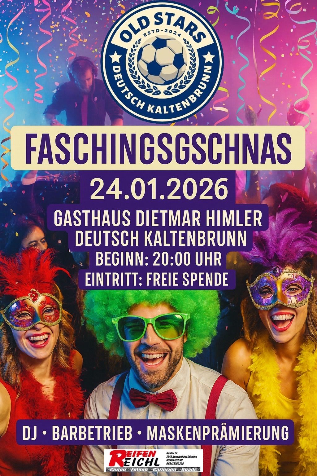 Plakat für die Faschingsgschnas-Veranstaltung im Gasthaus Dietmar Himler in Deutsch Kaltenbrunn am 24.01.2026. Beginn: 20:00 Uhr. Eintritt: Frei. Menschen in Kostümen und Masken.
