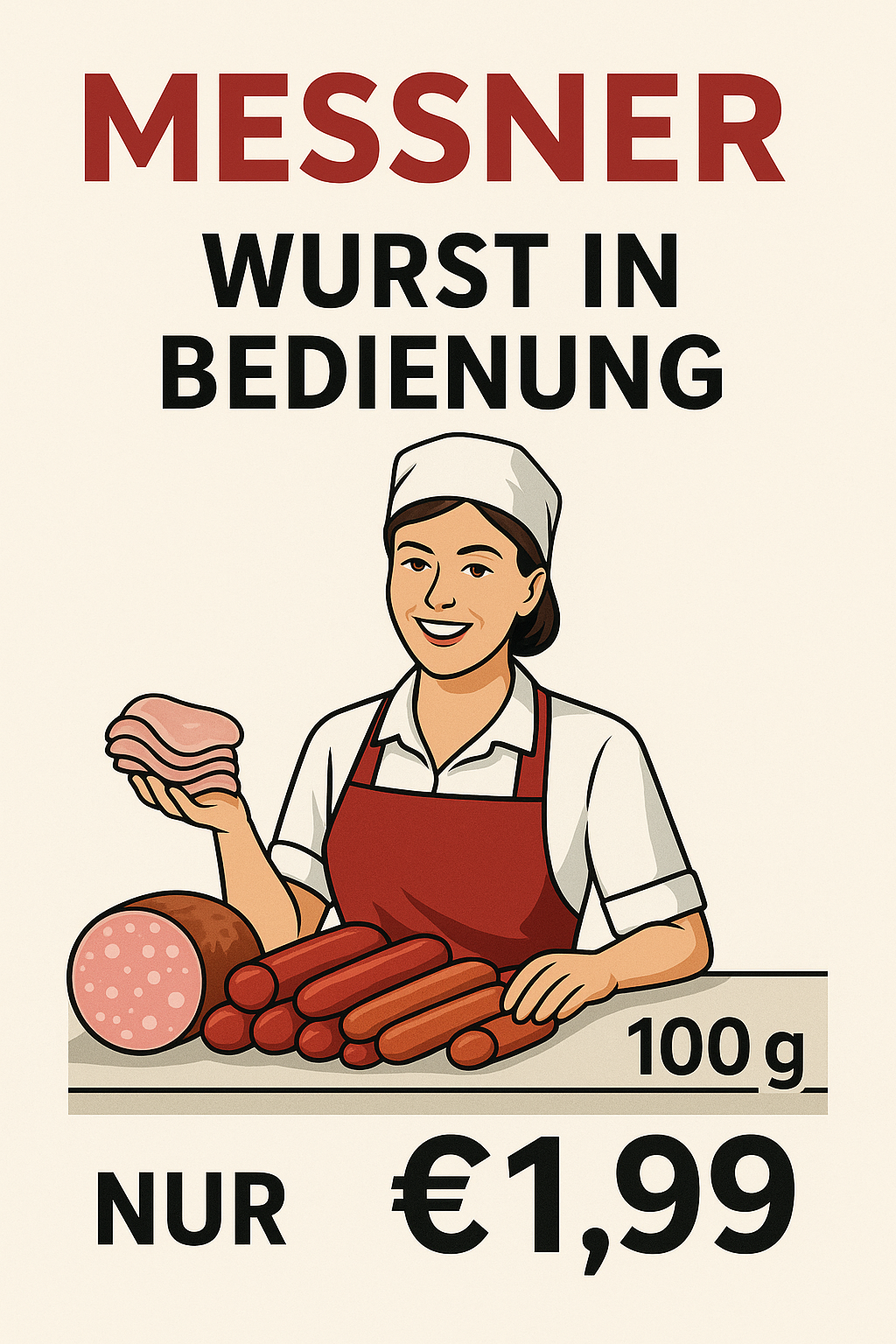 Eine Illustration einer Frau, die ein Stück Schinken und Würste hält, mit dem Titel 'WURST IN BEDIENUNG'. Sie trägt einen weißen Hut und eine Schürze, und die Würste sind vor ihr angeordnet. Es gibt ein Gewichtsetikett von '100g'.