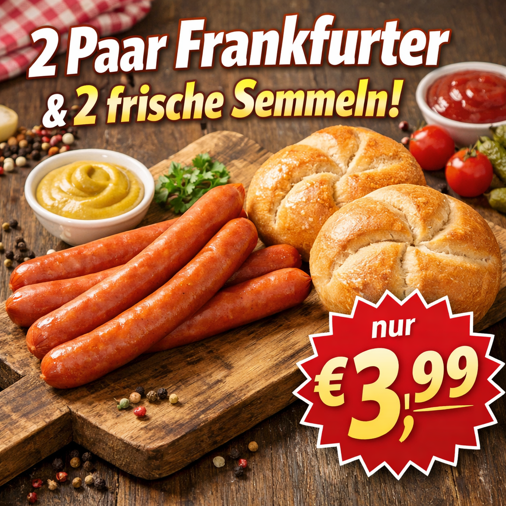 Ein Holzschneidebrett zeigt zwei Paare Frankfurter Würstchen und zwei frische Semmeln, mit Senf und Ketchup in Schüsseln, Tomaten und Gurken in der Nähe. Das Preisschild lautet 'nur 3,99 Euro.'