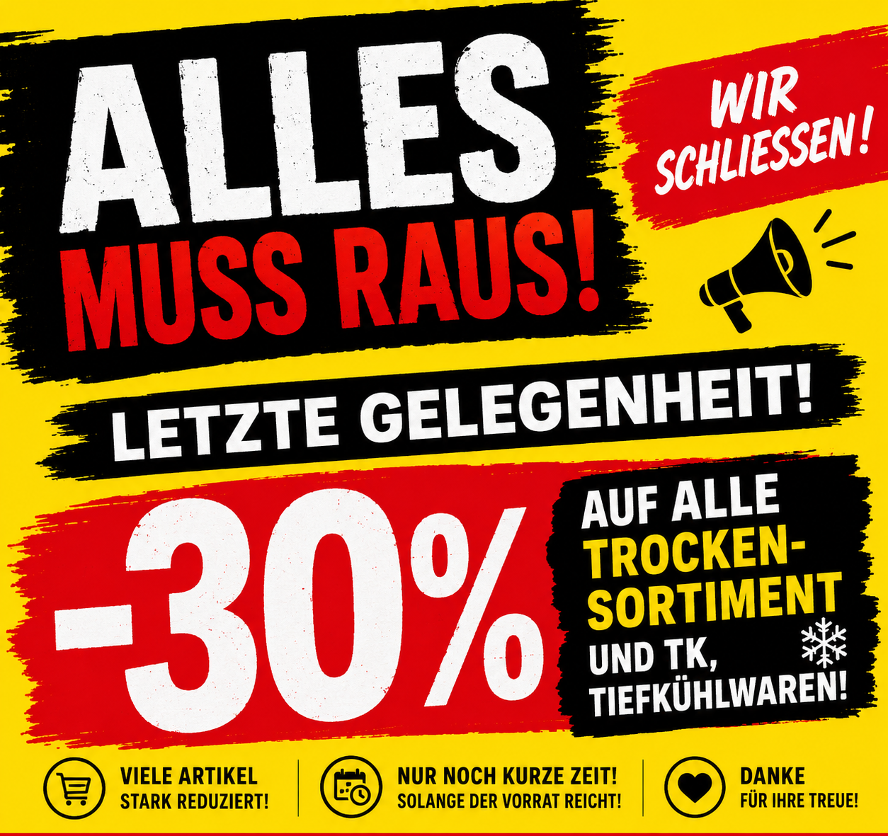 Promotional poster advertising a final sale with a 30% discount on all dry goods and refrigerated items. The sale is closing soon.