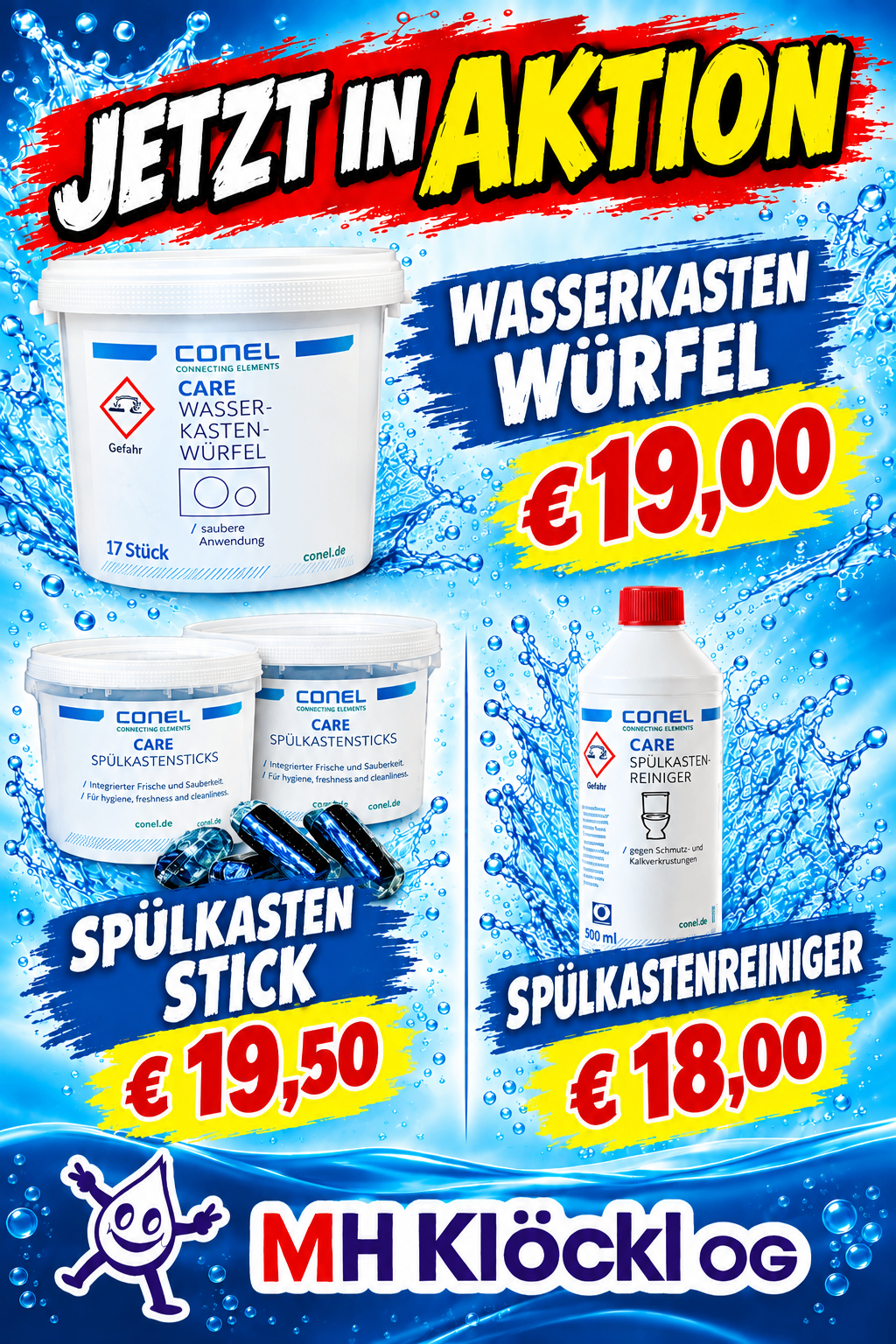 Werbeanzeige für Conel Care Wasserkasten-Tabletten, die drei Produkte zeigt: Wasserkasten Würfel, Spülkasten Stick und Spülkastenreiniger. Die Produkte sind mit 19,00, 19,50 und 18,00 Euro ausgezeichnet.