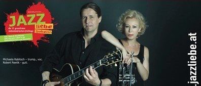Plakat für ein Jazz-Event mit Michaela Rabitsch und Robert Pawliki. Das Duo spielt Trompete und Gitarre. Veranstaltungsdatum ist Samstag, 8. November 2015, um 19:30 Uhr. Veranstaltungsort ist Herrenhof Lamprecht in Hartmannsdorf.