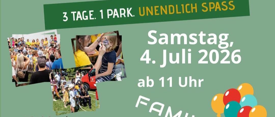 Werbeplakat für ein Gemeinschaftspark-Festival am 4. Juli 2026. Es zeigt eine bunte Collage von Fotos, Luftballons und Attraktionen wie Sportecken und Live-Musik. Die Veranstaltung verspricht unterhaltsame Aktivitäten und Attraktionen für alle Altersgruppen.