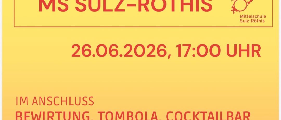 Die MS Sulz-Röthis Sponsorlauf-Veranstaltung am 26.06.2026 um 17:00 Uhr beinhaltet Verpflegung, eine Tombola und einen Cocktailbar, der vom Elternverein veranstaltet wird.