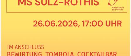 Die MS Sulz-Röthis Sponsorlauf-Veranstaltung am 26.06.2026 um 17:00 Uhr beinhaltet Verpflegung, eine Tombola und einen Cocktailbar, der vom Elternverein veranstaltet wird.