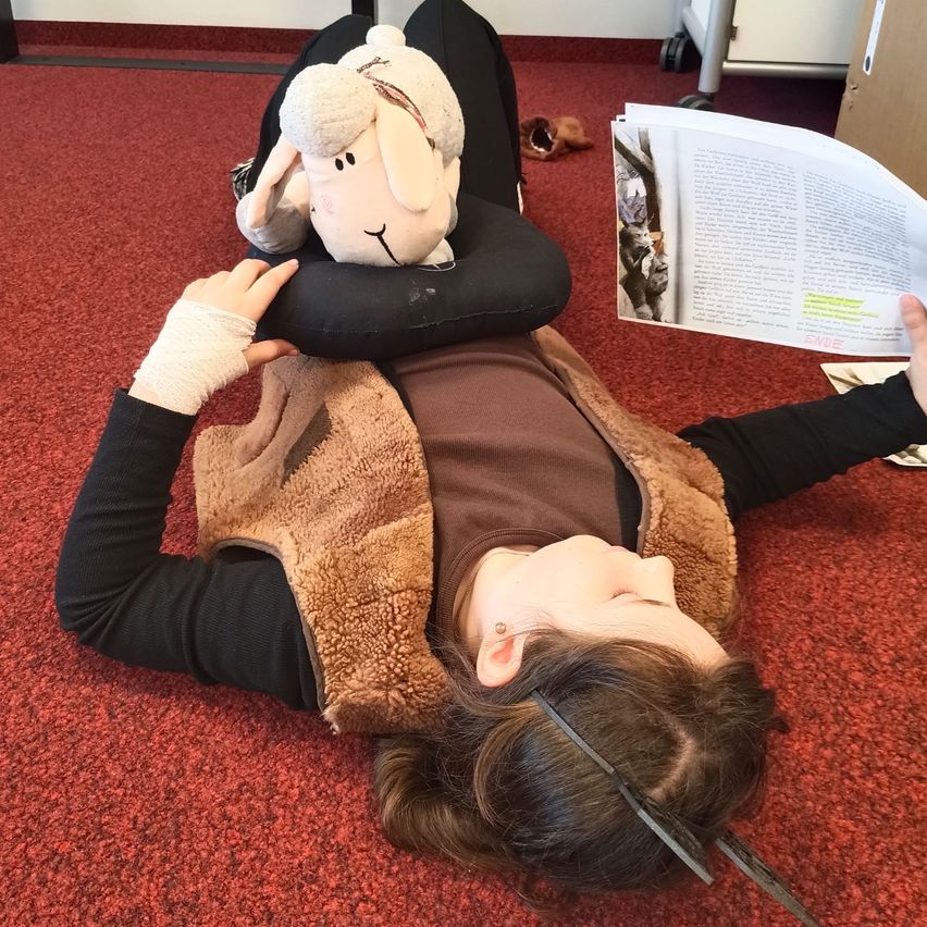 Eine Person liegt auf einem roten Teppich und liest ein Buch, mit einem Stofftier auf dem Kopf und einer bandagierten Hand.