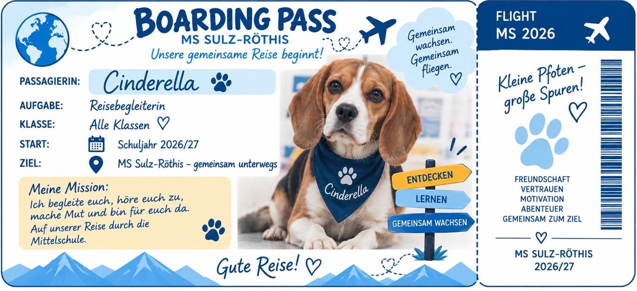 A beagle dog named Cinderella wears a blue bandana with paw prints and the text 'Cinderella'. The image features a boarding pass with the text 'Boarding Pass' and 'MS Sulz-Rothis'. There are also text boxes with the date '026/27' and 'this - gemeinsam unterwegs'. The image also features a plane, a cloud, and the text 'Gemeinsam wachsen. Gemeinsam fliegen.' and 'Entdecken Lernen Gemeinsam Wachsen.' with a paw print icon.