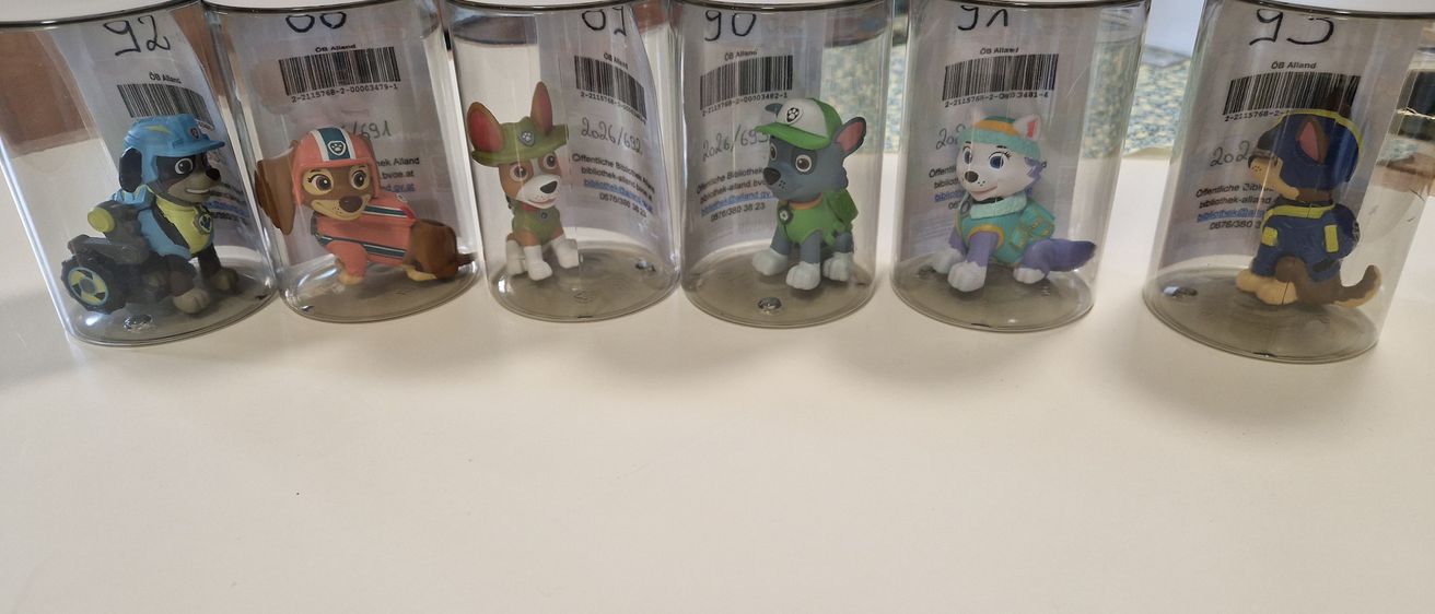 Fünf durchsichtige Behälter mit weißen Deckeln zeigen kleine Figuren von Paw Patrol Charakteren. Jeder Behälter hat einen Strichcode. Im Hintergrund ist ein Regal mit Büchern und einer Tasse zu sehen.