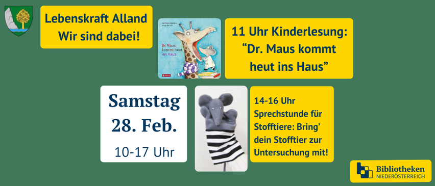 An advertisement for a children's event. It features a book with a giraffe, a stuffed elephant, and a date for Saturday, February 28th.