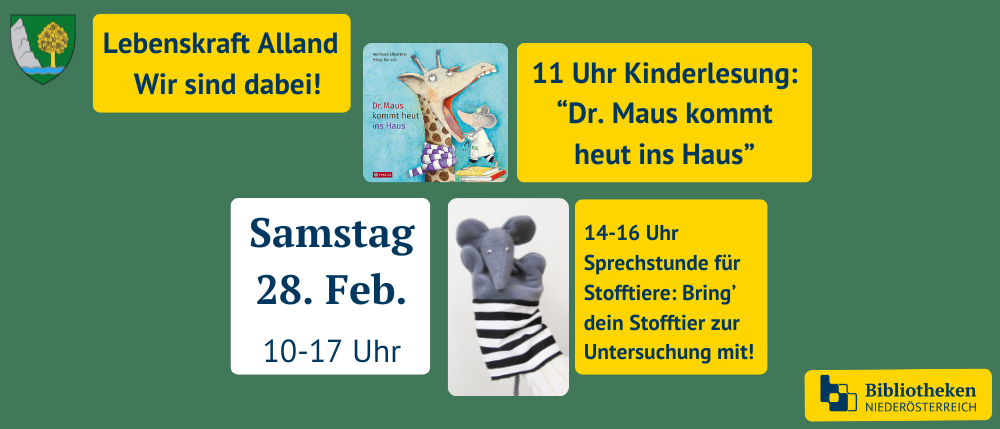 Eine Werbung für eine Kinderveranstaltung. Es zeigt ein Buch mit einer Giraffe, einen Stoffelefan und ein Datum für Samstag, den 28. Februar.