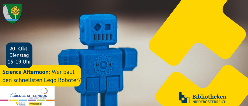 Ein blauer 3D-gedruckter Roboter steht vor einem unscharfen Hintergrund mit einem gelben und weißen Grafik und Text.