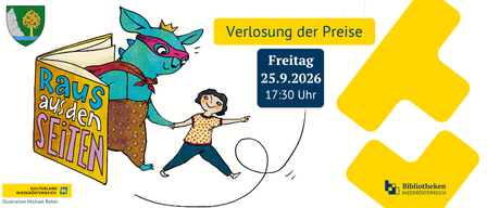 Eine Illustration eines Kindes, das eine Schnur hält, mit einem blauen Wesen, das eine Krone trägt und ein Buch mit der Aufschrift 'aus den witen' hält. Der Hintergrund enthält ein gelbes Banner mit dem Datum '25.9.2026' und der Zeit '17:30'.