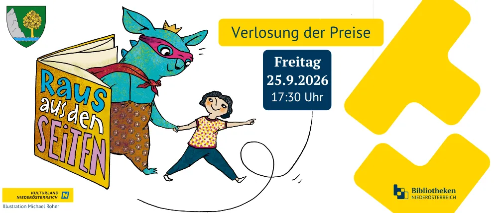 Eine Illustration eines Kindes, das eine Schnur hält, mit einem blauen Wesen, das eine Krone trägt und ein Buch mit der Aufschrift 'aus den witen' hält. Der Hintergrund enthält ein gelbes Banner mit dem Datum '25.9.2026' und der Zeit '17:30'.