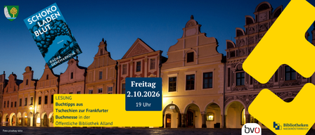 Eine Werbung für eine Buchlesung am 2. Oktober 2026 um 19 Uhr, mit einem Buchcover, das einen Zug und Rauch zeigt, vor dem Hintergrund eines historischen europäischen Gebäudes.