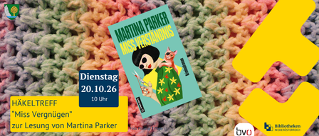 Buchcover für 'Miss Verstandnis' von Martina Parker, mit einer Frau, einem Kater, Scheren und einem gelben Hintergrund. Das Datum und die Uhrzeit sind Dienstag, 20. Oktober 2026, um 10 Uhr angegeben.