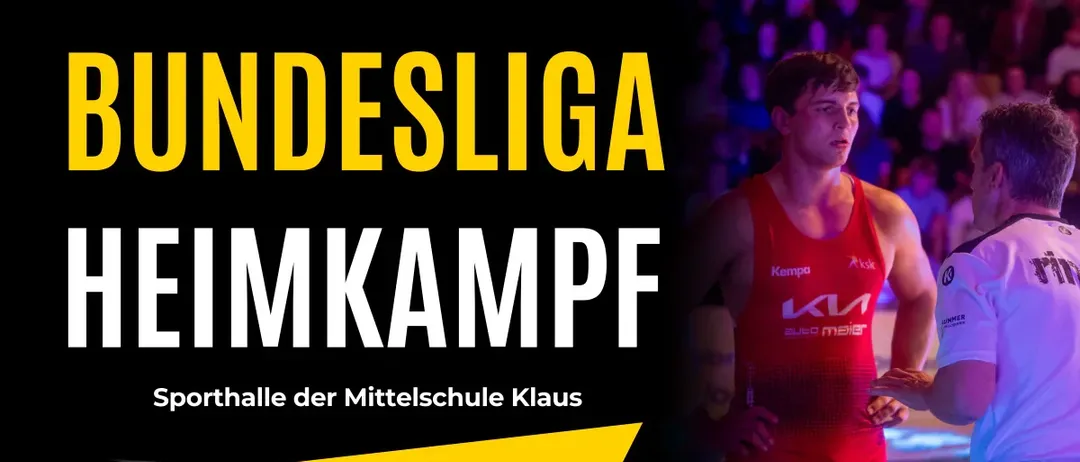 A wrestling match event poster. It features a man in a red uniform, 'Bundesliga IM Kampf' in yellow, and the date '15 November 2025'. The location is the sports hall of Klaus Middle School.