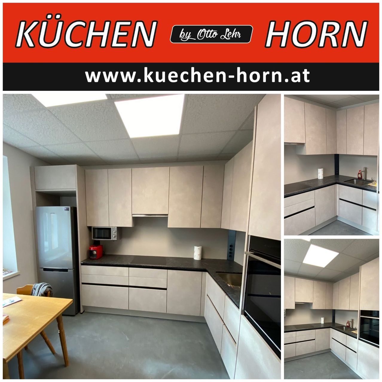 Drei Bilder einer Küche mit Edelstahlgeräten, weißen Schränken und einem Holztisch. Die Küche hat ein modernes und sauberes Design. Die Website www.kuechen-horn.at ist oben links angezeigt.
