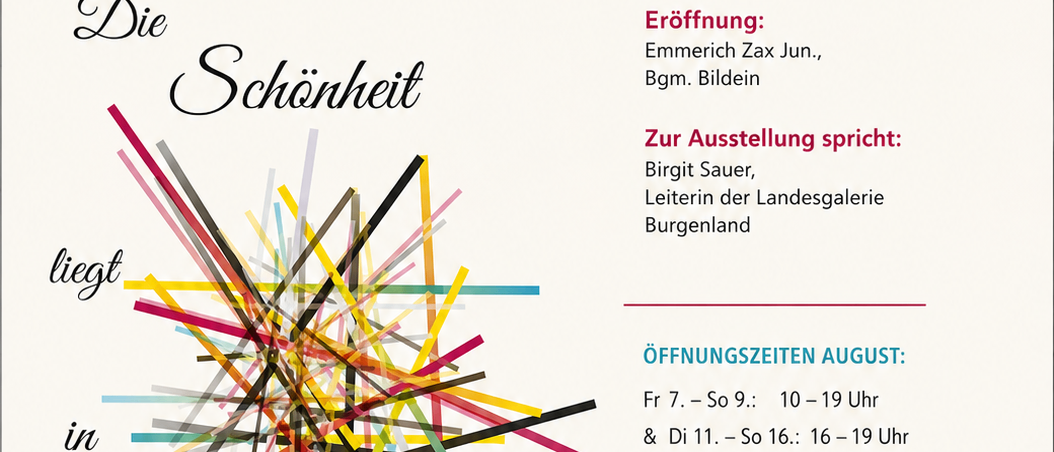 Plakat für eine Kunstausstellung mit dem Titel 'Die Schönheit liegt in der Veränderung'. Es zeigt ein lebhaftes abstraktes Design mit verschiedenen farbigen Linien und Text auf Deutsch. Die Ausstellungsdetails sind aufgeführt, einschließlich Datum, Uhrzeit und Ort der Eröffnung.