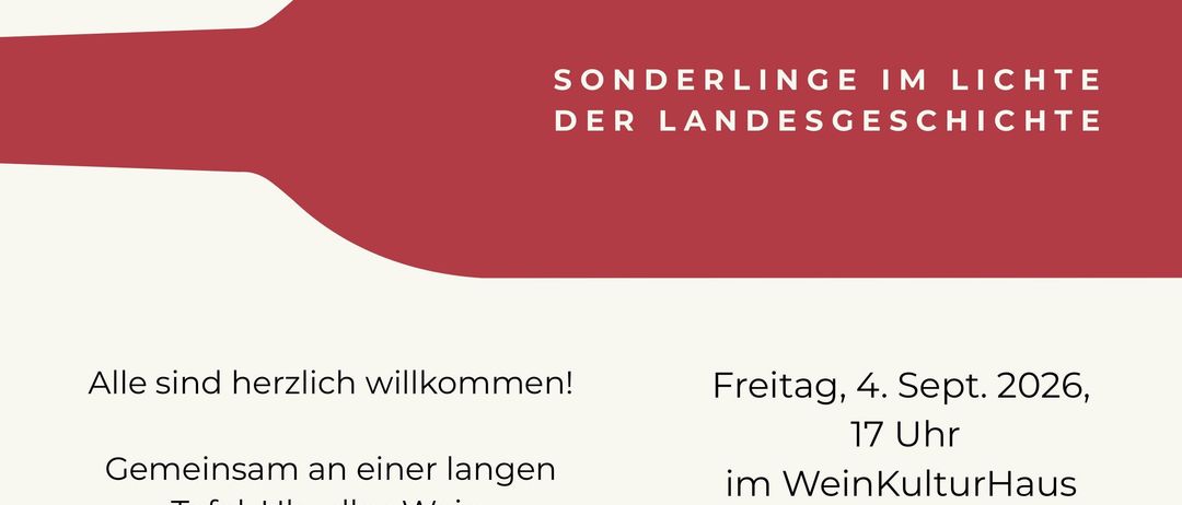Plakat für eine Veranstaltung im Europahaus Bildein mit Flaschensilhouette, Datum und Details zu Wein, Geschichten und Musik.