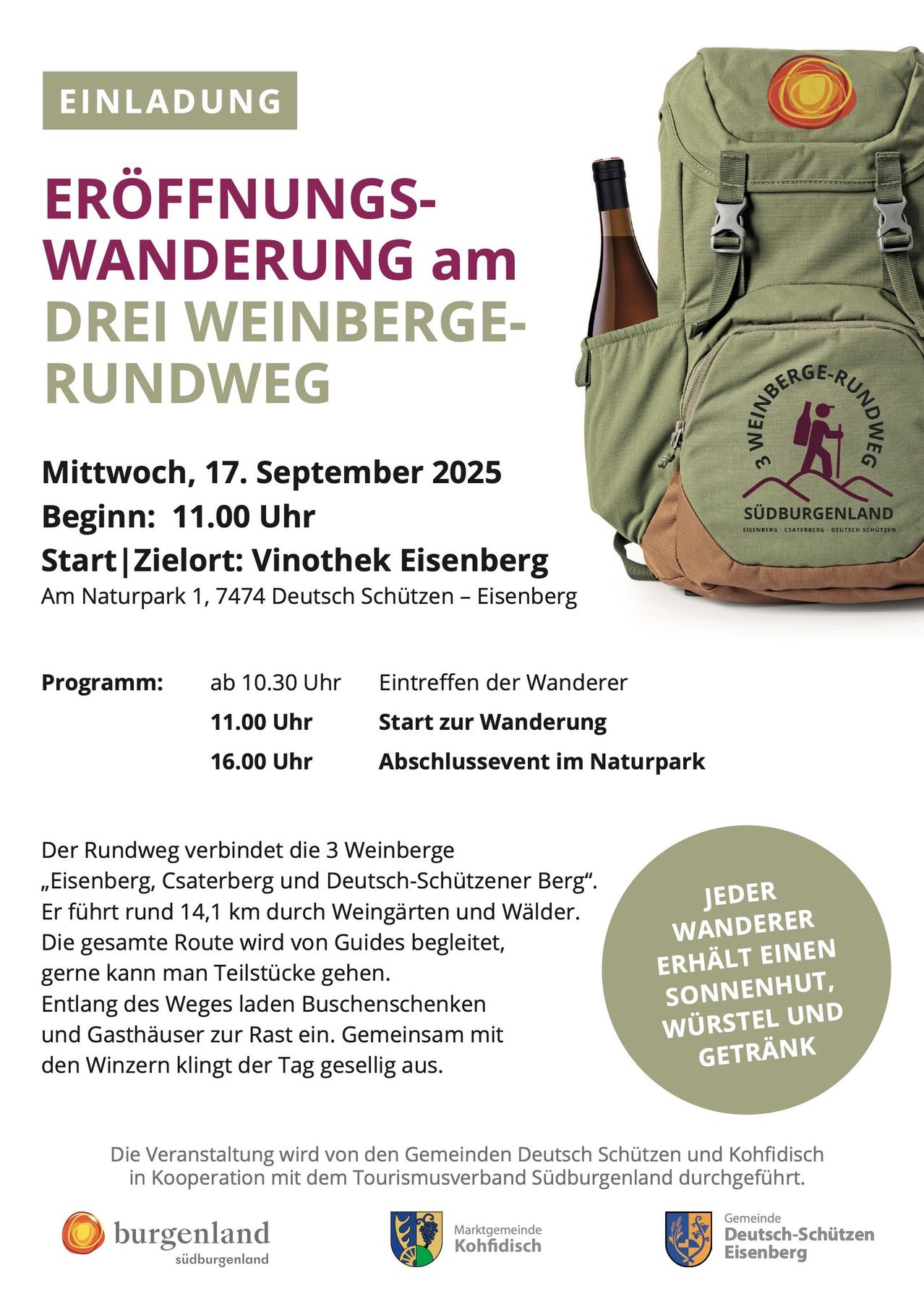 Plakat für eine geführte Wanderung am 17. September 2025, Beginn um 11:00 Uhr in der Vinothek Eisenberg. Die Wanderung führt über 14,1 km durch Weinberge und Wälder und verbindet drei Weinberge. Teilnehmer erhalten einen Hut, Snacks und ein Getränk.