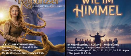 Poster für das Musical 'Rapunzel lässt kein Haar herunter'. Zeigt Premierendatum und weitere Vorstellungen im Kulturzentrum Güssing. Kontaktinformationen angegeben.