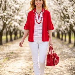 Eine Frau in roter und weißer Kleidung geht einen Pfad in einem Obstgarten entlang und hält eine rote Handtasche.