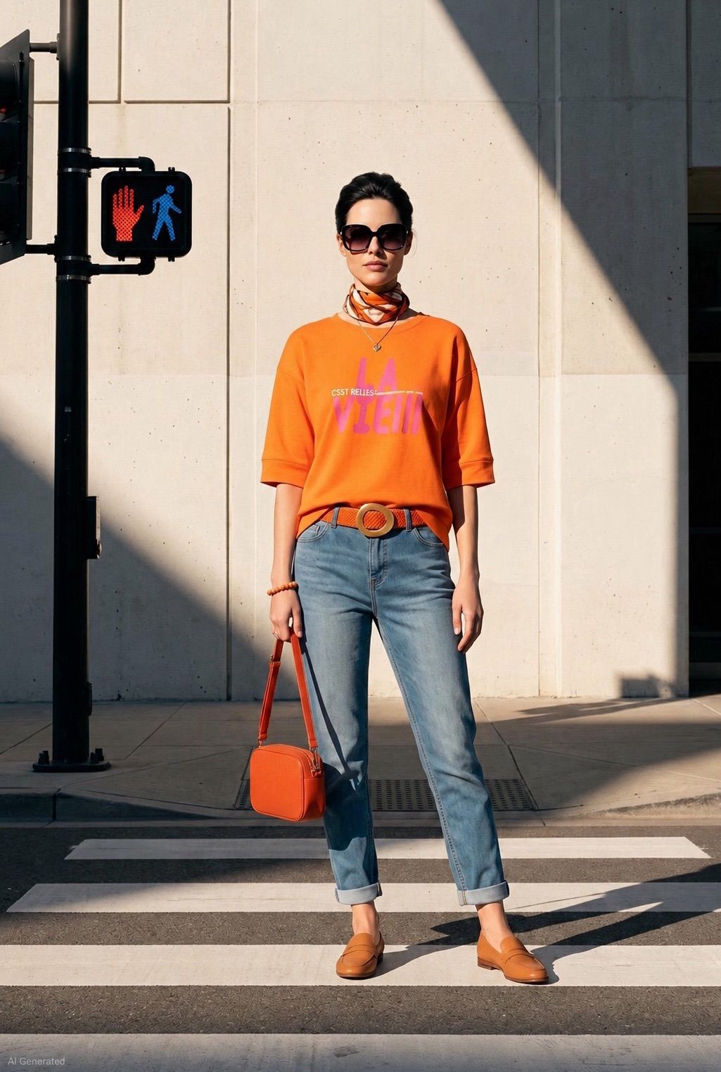Eine Frau steht auf einer Stadtstraße, trägt ein orangefarbenes T-Shirt mit rosa Text, blaue Jeans und eine orange Handtasche. Sie ist in der Nähe eines Fußgängersignals.